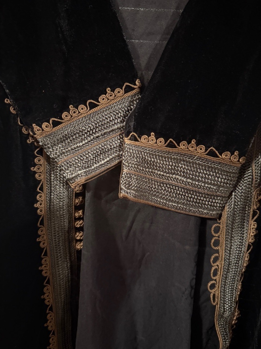 Black Velvet Long Coat with Ornate Gold-Tone Trim - Picture 7 of 16